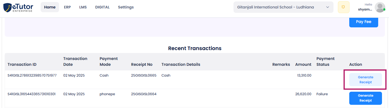 Instant Fee Receipt Generation